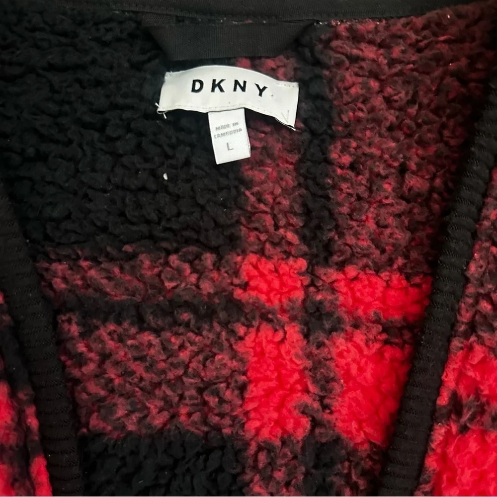 DKNY Fleece Cardigan Red & Black Plaid Size Large